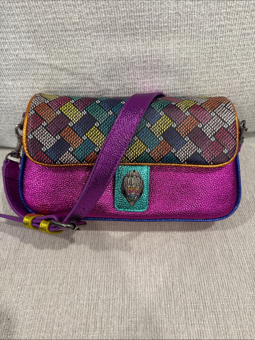 Kurt Geiger Metallic Pink Multicolor Woven Flap Crossbody